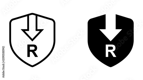 Konstfotografi Shield with Down Arrow and R Symbol: A shield emblem featuring a downward-pointing arrow and the letter R, presented in both outline and solid black versions, symbolizing protection, direction
