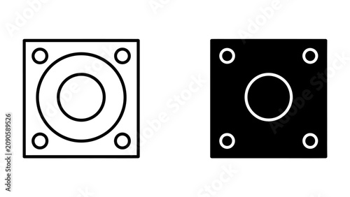 Картината върху платно Two Abstract Icons: A set of two geometric icons, one outlined in white and the other in black, feature a central circle surrounded by four smaller circles within a square frame