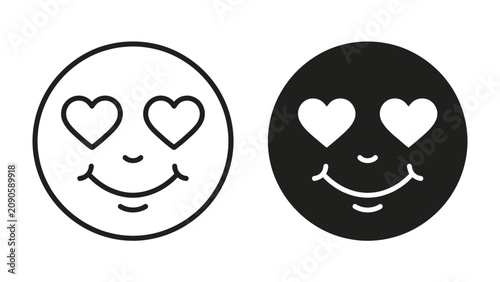 Foto Heart Eyes Emoji Duo: Two iconic smiley faces, one outlined and one solid black, gaze lovingly with heart-shaped eyes, symbolizing infatuation and adoration