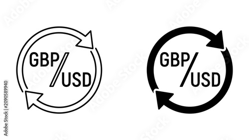 Φωτογραφία Currency Exchange Icons: Two circular icons with arrows indicating exchange, featuring the currency pair GBP/USD, presented in both outline and solid black styles
