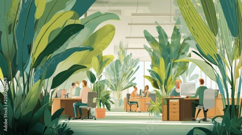 Lush Green Office Space with People Working Amidst Abundant Tropical Plants.
