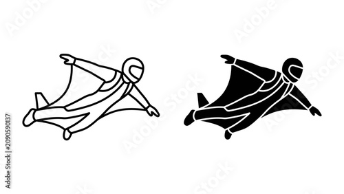 Schilderij op canvas Wingsuit Flyer Duo: A pair of figures in wingsuits depicted in both outline and solid black, showcasing the aerodynamic design for extreme sport
