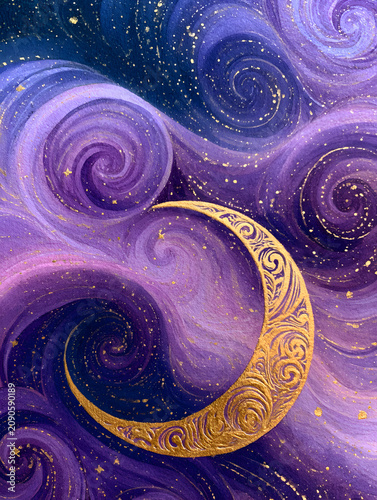 Abstract illustration of a crescent moon surrounded by swirling purple and blue clouds with golden accents, creating a celestial atmosphere in the night sky