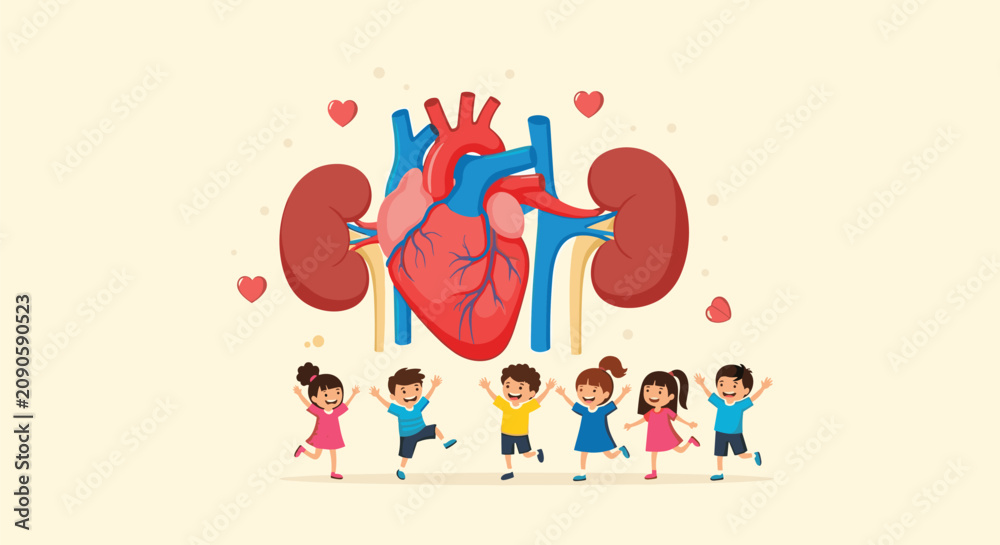 Fototapeta premium Six diverse children jumping and playing in front of a large anatomical illustration of a human heart and kidneys.