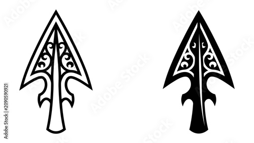 Konstfotografi Tribal Arrowhead Symbol: Two stylized tribal arrowhead designs, one outlined and one solid black, showcase intricate patterns and a bold, ancient aesthetic