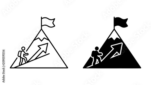 Obraz na plátně Ascent to the Summit: Two stylized icons depict a lone hiker ascending a steep mountain slope towards a summit marked by a waving flag, symbolizing ambition and the pursuit of goals