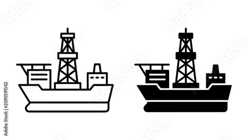 Fényképezés Drillship Icons: Two distinct icons representing a drillship, one as an outline and the other as a solid silhouette, clearly depicting offshore drilling technology and industrial equipment