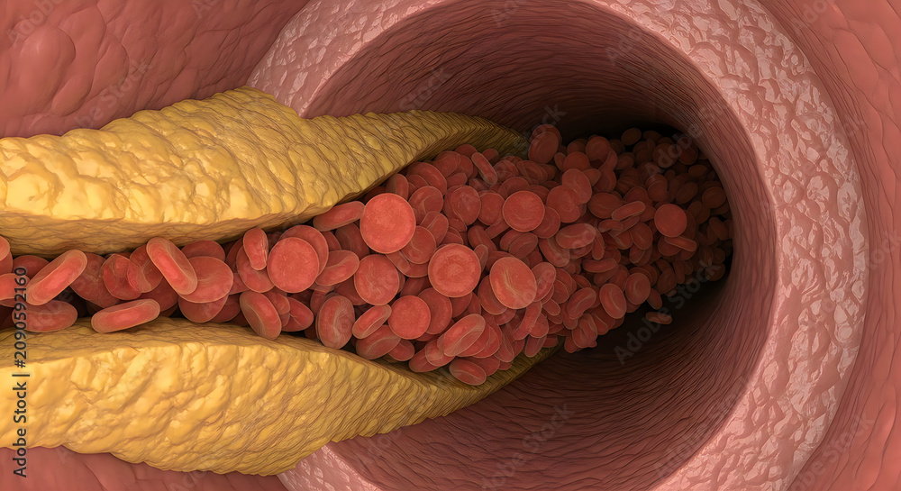 Obraz premium Red blood cells flowing through a human artery with plaque buildup