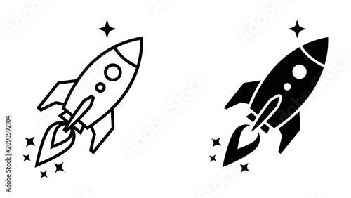 Fotografie Rocketship Icons: Two stylized rocketship icons, one outline and one silhouette, ascend against a backdrop of stars, symbolizing innovation and space exploration