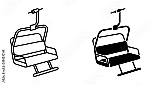 Bild auf Leinwand Ski Lift Chair Icon: A minimalist representation of a ski lift chair in both outline and solid black versions, perfect for conveying winter sports and transportation