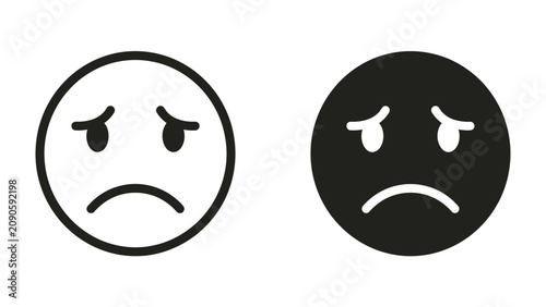 Photography Two Sad Faces: A simple, stark graphic illustration of two sad faces, one outlined and the other filled in black, conveying a strong sense of melancholy and unhappiness