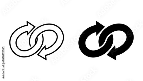 Foto Interlocking Infinite Loop Symbol: Two stylized infinity loop symbols, one outlined and one solid black, represent continuous cycles, endless repetition, or the concept of eternity