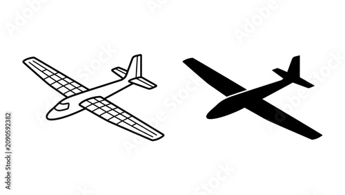 Glider Aircraft Icon Set: Two distinct icons representing a glider aircraft, one a detailed outline and the other a solid silhouette, perfect for representing aviation or recreational flying.
