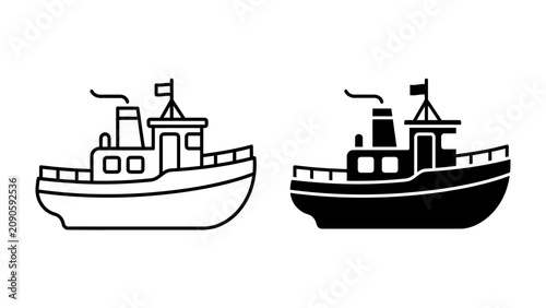 Fotografie Boat Icon Set: A versatile set of boat icons, featuring both a line art and silhouette illustration of a small vessel, perfect for marine or transportation-themed designs