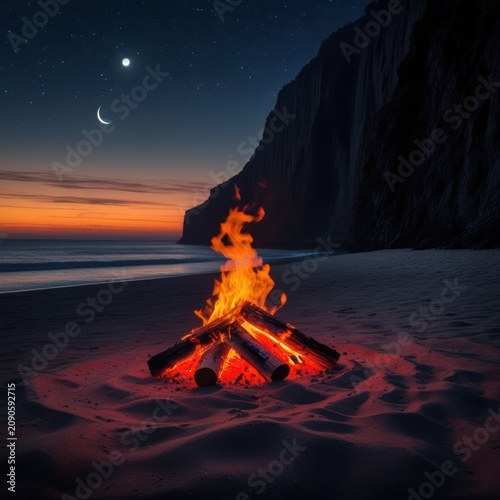 Bright campfire burning on a sandy beach at night under starry sky isolated on white background