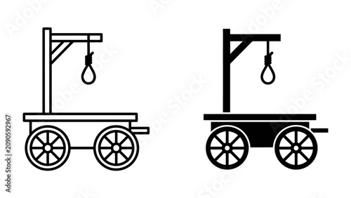Tableau sur toile Gallows Cart Icon: A simple line art and silhouette icon depicting a historical gallows cart with a noose hanging from a wooden beam, representing a dark historical element
