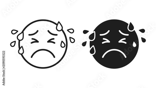 Tableau sur toile Anxious Emoji Face: Two distressed emoji faces, one outlined and one filled black, show expressions of intense worry and stress with sweat drops cascading down