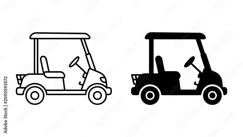 Naklejka premium Golf Cart Icon Duo: A clean line art and silhouette illustration of a golf cart, representing convenience and leisure on the greens.