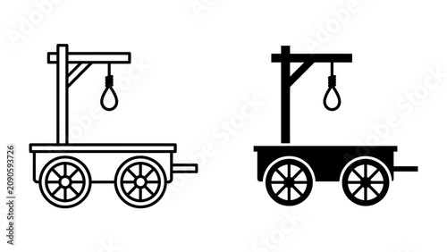 Tableau sur toile Gallows Cart Illustration: Two stylized illustrations of a gallows cart, one in outline and the other in solid black, depicting a historical instrument of punishment