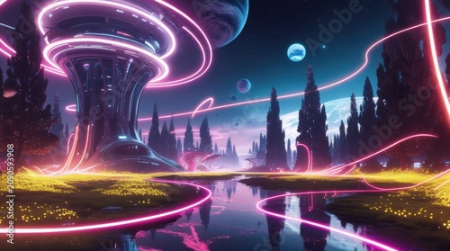Futuristic neon landscape with glowing light trails and dark trees isolated on white background