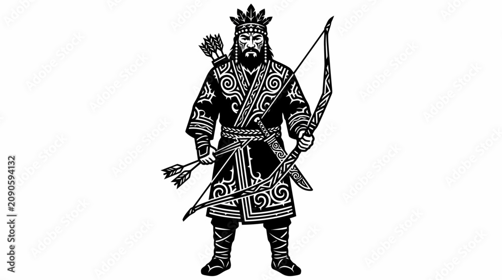 Fototapeta premium illustration of an Ainu hunter dressed in ornate traditional clothing, holding a geometric-patterned bow and a quiver of arrows on his back