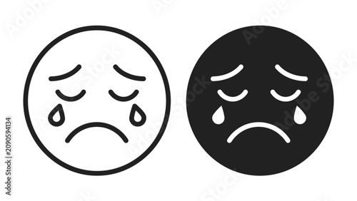 Schilderij op canvas Sadness Emoticons: Two simple emoticon faces, one outlined and the other solid black, depict the emotion of sadness with closed eyes and falling tears