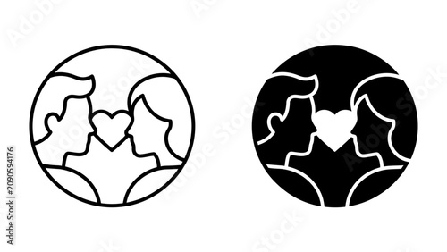 Fotografi Love is in the Air: Two stylized profiles, one male and one female, face each other with a heart symbolizing love and connection between them, presented in both outline and solid black versions