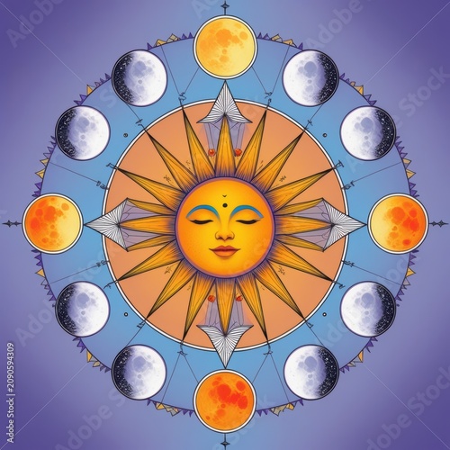 Sun and moon phases mandala, celestial illustration, astrology symbol, spiritual art