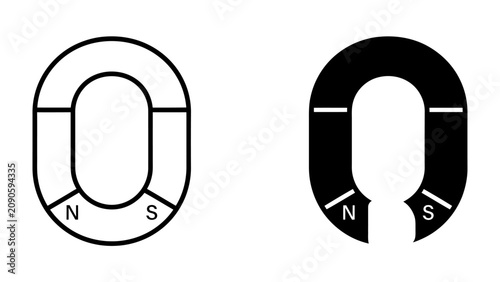 Tableau sur toile Horseshoe Magnet Icon: A visual representation of a horseshoe magnet, depicting both white and black outlines, clearly showing the North (N) and South (S) poles