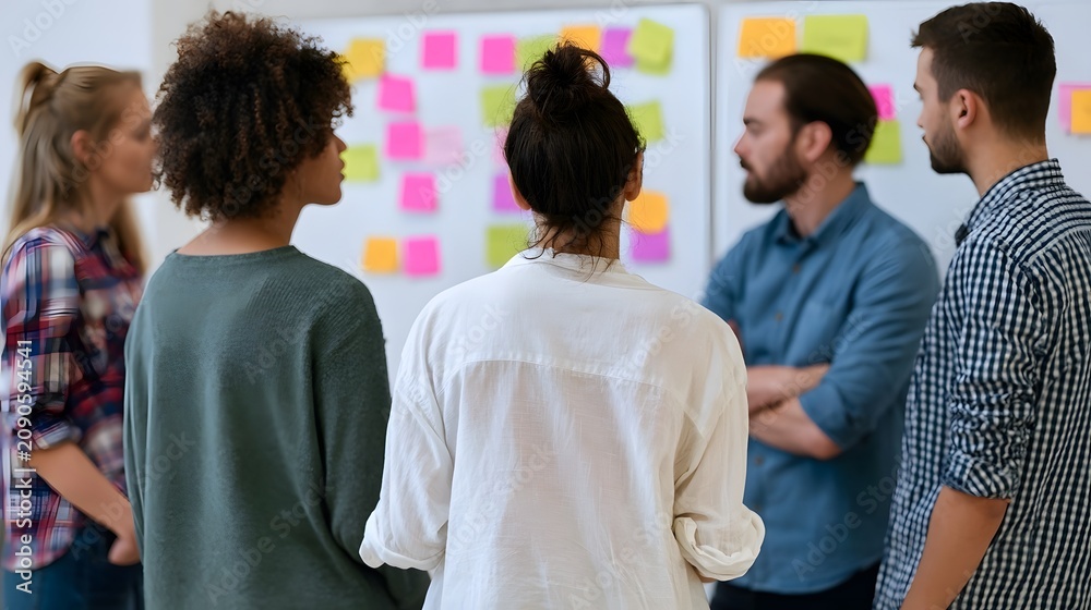 Obraz premium Group of people collaborating around a whiteboard covered with colorful sticky notes during a brainstorming session
