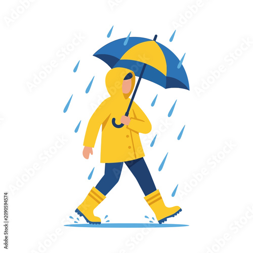 Person in Yellow Raincoat Walking Under Umbrella in Rainy Weather