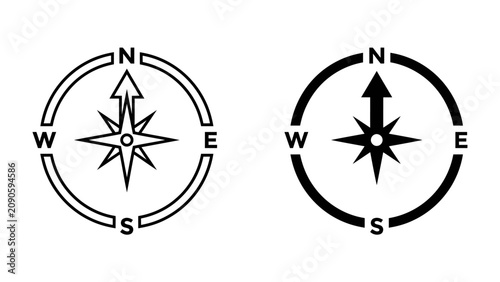 Photos Compass Icons: Two compass rose icons, one outlined and one solid black, showing cardinal directions North, East, South, and West, symbolizing direction and navigation