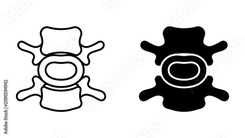 Foto Spinal Vertebra Icons: A pair of minimalist icons depicting a human spinal vertebra, one in outline and the other as a solid black silhouette