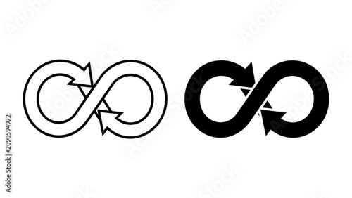 Tableau sur toile Infinity Loop Symbol: Two infinity loop symbols, one outlined in white and the other solid black, represent endless cycles, continuity, and the concept of forever