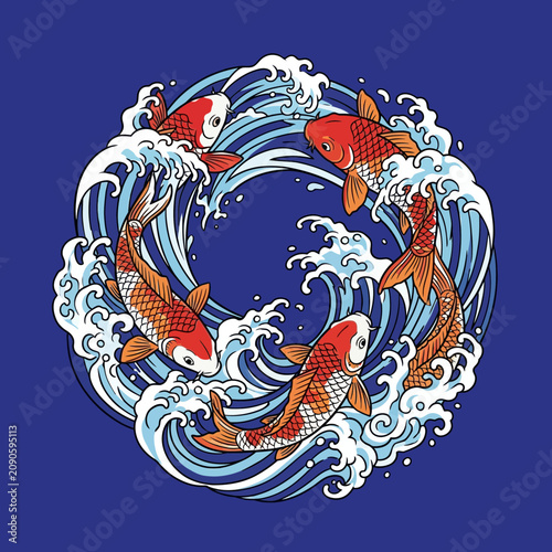 Japanese Koi Fish Swimming in Circular Wave Pattern