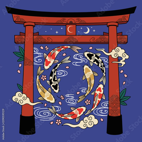 Japanese Torii Gate with Koi Fish Swimming in Circle Under Night Sky