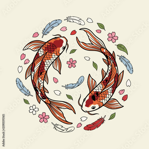 Koi Fish and Cherry Blossoms Circle Design