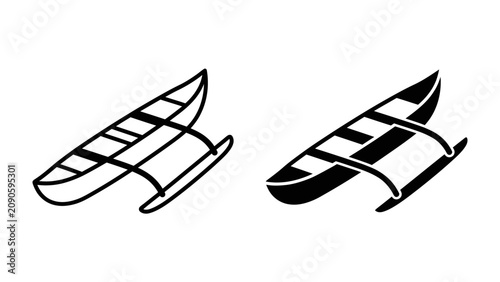 Cuadro en lienzo Outrigger Canoe Icon: Two stylized icons representing an outrigger canoe, one in outline and the other in solid black, showcase this traditional watercraft