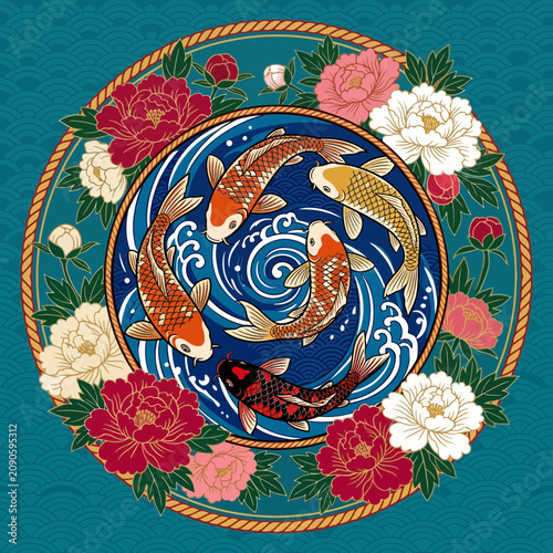 Koi fish circle surrounded by peonies; floral border and oriental water pattern