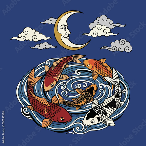 Koi fish circle under moon and clouds