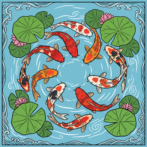 Koi Fish Circle Underwater Lily Pad Lotus Flower Water Pattern