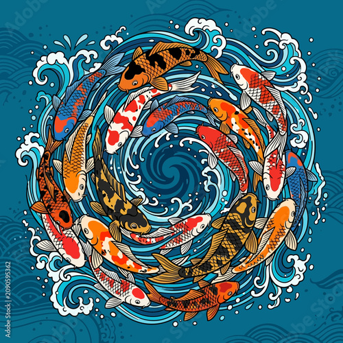 Koi fish circle water splashes blue background, Japanese art style