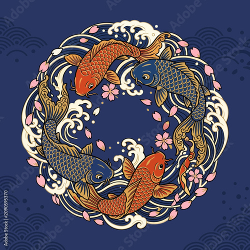 Koi fish circle wave sakura blossom pattern design navy blue background