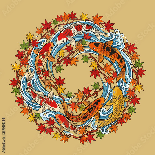 Koi fish circle with autumn leaves and water