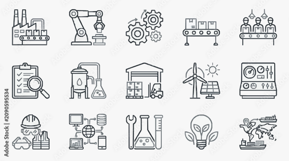 Fototapeta premium Creative Monochrome Line Icons Set Featuring Industrial Manufacturing Technology and Innovation Elements