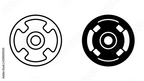 Photos Weight Plate Icons: A pair of stylized weight plate icons, one outlined in black and white and the other filled in black, represent strength training equipment