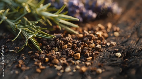 Close-up of rosemary and dried spices on a wooden table