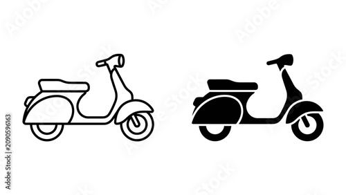 Fotografie Scooter Icons: Simple outline and solid silhouette icons of a vintage scooter, perfect for representing transportation, retro style, or urban mobility