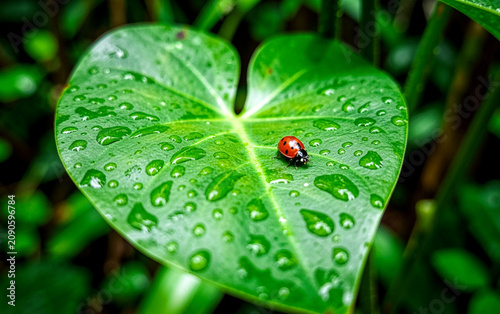 A little ladybug on a clear green leaf full of dripping water in the summer
