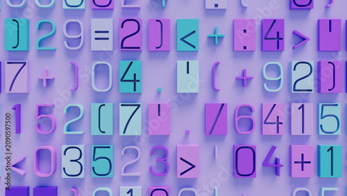 Vibrant Abstract Composition of Mathematical Symbols, Numbers, and Operators in Random Arrangement on Purple Background for Educational and Digital Design Applications